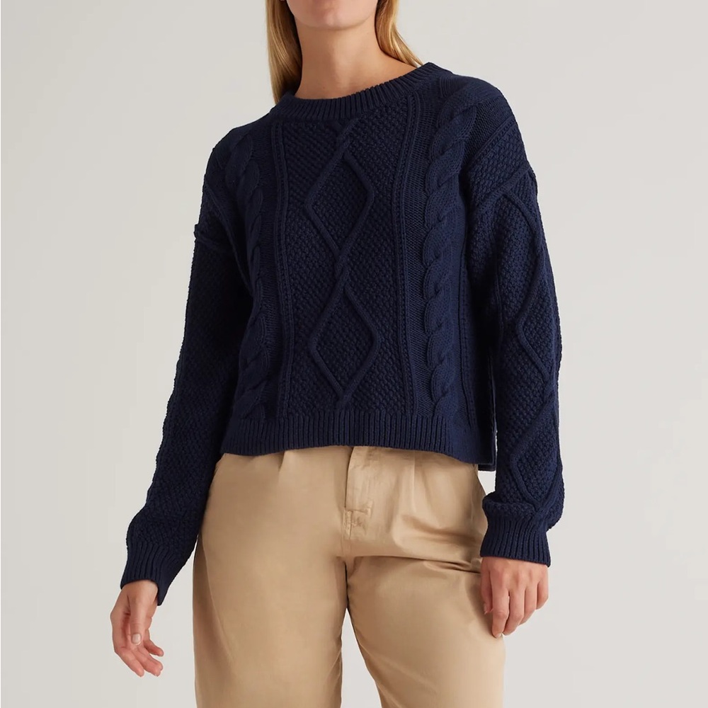 Quince 100% Cotton Cropped Cable Crew Sweater - Navy